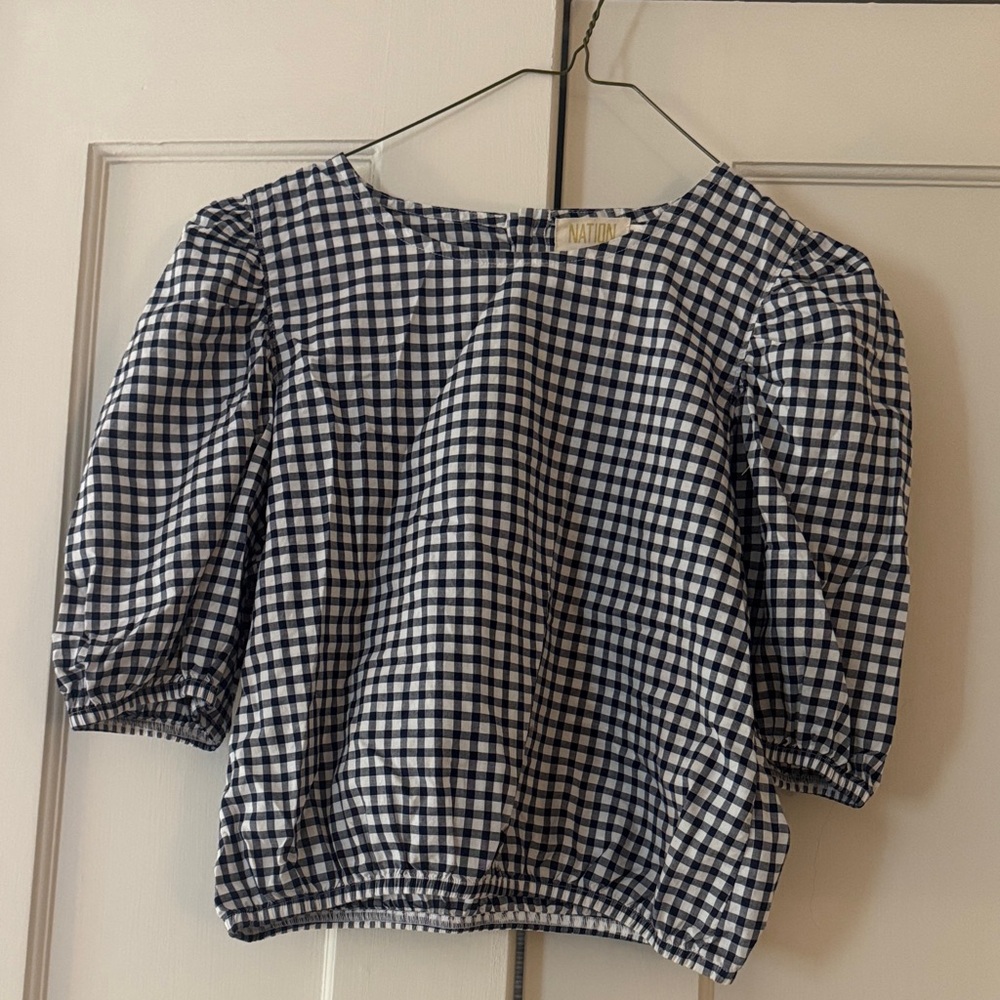 Nation LTD Navy and White Gingham Puff Sleeve Blouse